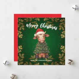 Cute merry Cow Christmas tree calf ox Xmas pattern Feestdagenkaart