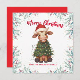 Cute merry Cow Christmas tree calf ox Xmas pattern Feestdagenkaart