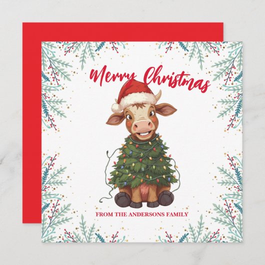Cute merry Cow Christmas tree calf ox Xmas pattern Feestdagenkaart (Voorkant / Achterkant)