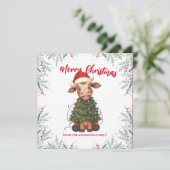 Cute merry Cow Christmas tree calf ox Xmas pattern Feestdagenkaart (Staand voorkant)
