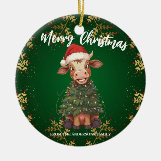 Cute merry Cow Christmas tree calf ox Xmas pattern Keramisch Ornament (Voorkant)