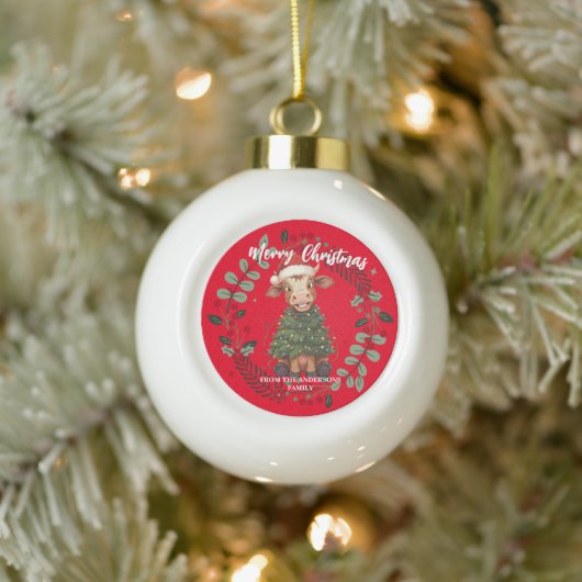 Cute merry Cow Christmas tree calf ox Xmas pattern Keramische Bal Ornament (Boom)