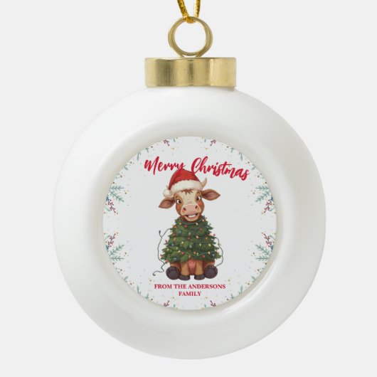 Cute merry Cow Christmas tree calf ox Xmas pattern Keramische Bal Ornament (Voorkant)