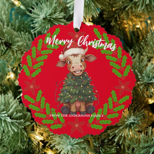 Cute merry Cow Christmas tree calf ox Xmas pattern Ornament Kaart (Insitu (Drie))
