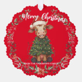 Cute merry Cow Christmas tree calf ox Xmas pattern Ornament Kaart (Voorkant)