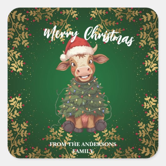 Cute merry Cow Christmas tree calf ox Xmas pattern Vierkante Sticker (Voorkant)