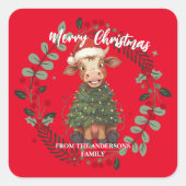 Cute merry Cow Christmas tree calf ox Xmas pattern Vierkante Sticker (Voorkant)