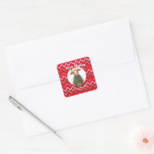 Cute merry Cow Christmas tree calf ox Xmas pattern Vierkante Sticker (Envelop)