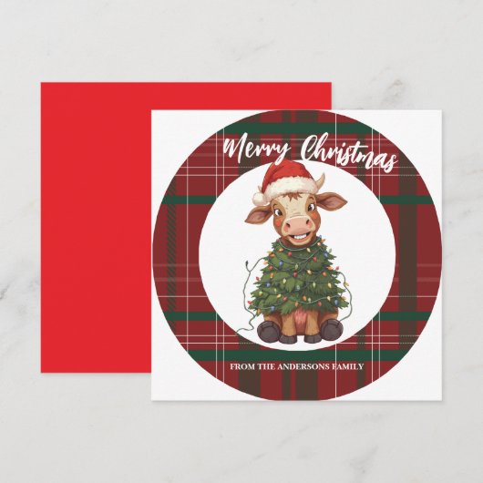 Cute merry Cow Christmas tree calf ox Xmas plaid Feestdagenkaart (Voorkant / Achterkant)