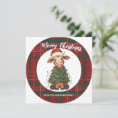 Cute merry Cow Christmas tree calf ox Xmas plaid Feestdagenkaart (Staand voorkant)