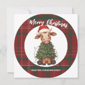 Cute merry Cow Christmas tree calf ox Xmas plaid Feestdagenkaart (Voorkant)
