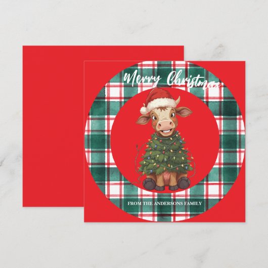 Cute merry Cow Christmas tree calf ox Xmas plaid Feestdagenkaart (Voorkant / Achterkant)