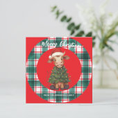 Cute merry Cow Christmas tree calf ox Xmas plaid Feestdagenkaart (Staand voorkant)