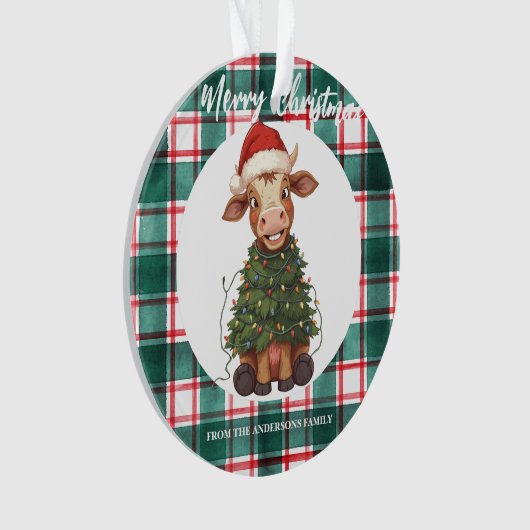 Cute merry Cow Christmas tree calf ox Xmas plaid Ornament (voorkant)