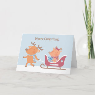 Cute Merry kerst Reindeer Sleigh Wenskaart Feestdagen Kaart