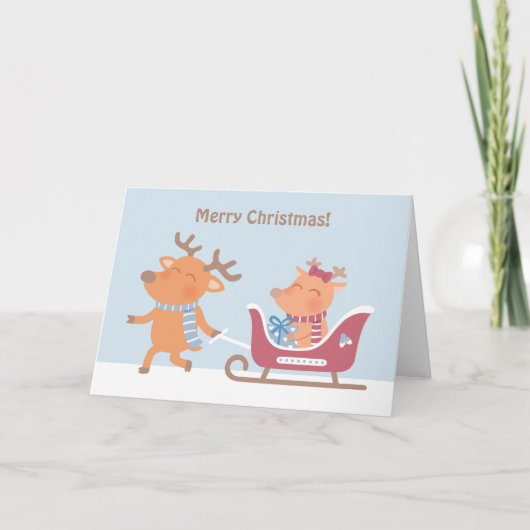 Cute Merry kerst Reindeer Sleigh Wenskaart Feestdagen Kaart (Voorkant)