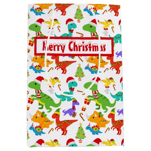 Cute Merry Kerstdinosaurussen Medium Cadeauzakje (Voorkant)