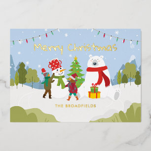 Cute Merry-kerstfamilie, aangepast goud Folie Feestdagenkaart