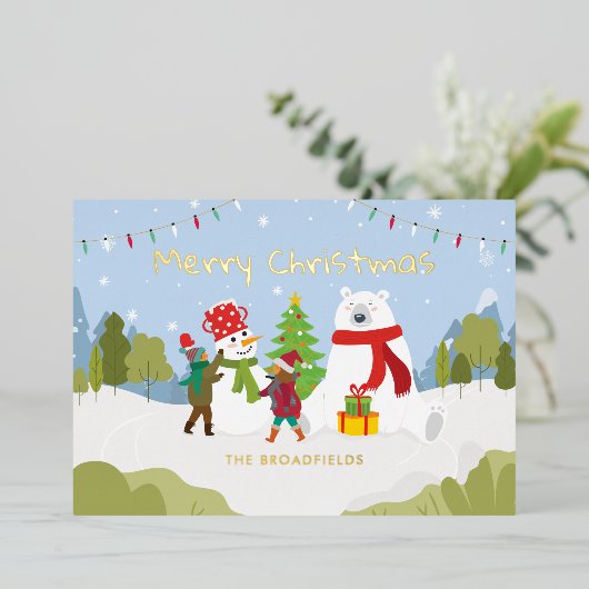 Cute Merry-kerstfamilie, aangepast goud Folie Feestdagenkaart (Staand Voorkant)