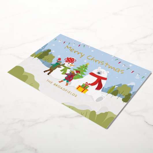 Cute Merry-kerstfamilie, aangepast goud Folie Feestdagenkaart (Gedraaid)