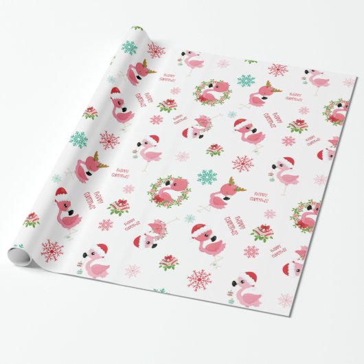 Cute Merry Kerstmis Flamingo Snowflake Cadeaupapier (Uitgerold)