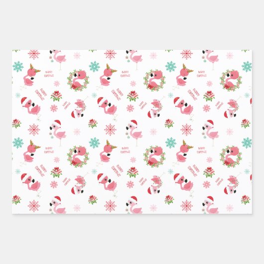 Cute Merry Kerstmis Flamingo Snowflake Inpakpapier Vel (Voorkant)