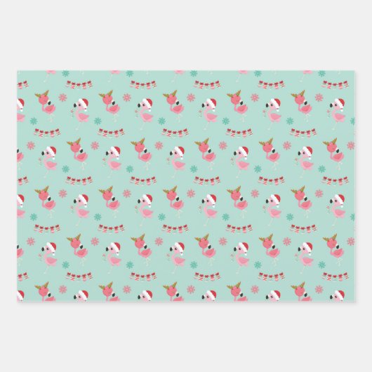 Cute Merry Kerstmis Flamingo Snowflake Inpakpapier Vel (Voorkant 3)