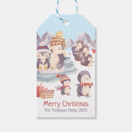Cute Merry Kerstmis Penguin Family Speling Snow Cadeaulabel (Voorkant)