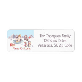 Cute Merry Kerstmis Penguin Family Speling Snow Etiket