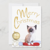 Cute Merry Kerstmis Siamese Kitten Gold Ornament Feestdagenkaart (Voorkant)