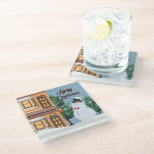 Cute Merry Kerstmis Snowman Winter Scene Glazen Onderzetter (Schuin)