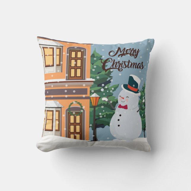 Cute Merry Kerstmis Snowman Winter Scene Kussen (Voorkant)