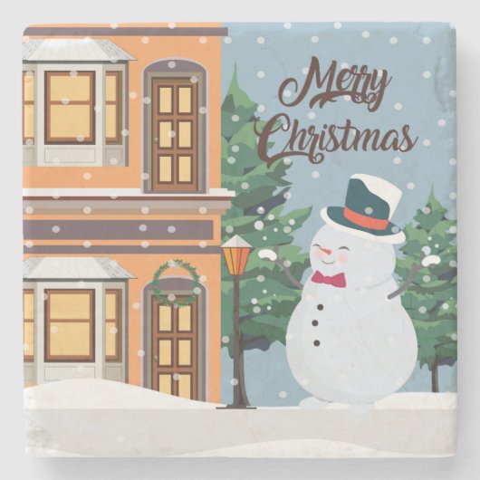 Cute Merry Kerstmis Snowman Winter Scene Stenen Onderzetter (Voorkant)