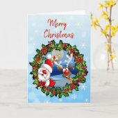 Cute Merry-kerstrenrender en Santa Claus Kaart (Gele Bloem)