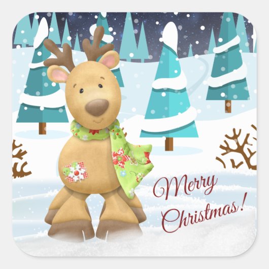 Cute Merry Winter Cartoon Reindeer Vierkante Sticker (Voorkant)