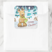 Cute Merry Winter Cartoon Reindeer Vierkante Sticker (Tas)