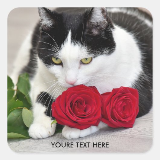 Cute met rode roos vierkante sticker (Voorkant)