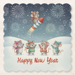 Cute Mice Happy New Year Fireworks Kartonnen Onderzetters