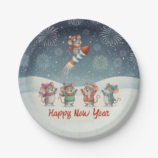 Cute Mice Happy New Year Fireworks Papieren Bordje (Voorkant)