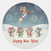 Cute Mice Happy New Year Fireworks Ronde Sticker (Voorkant)