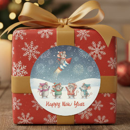 Cute Mice Happy New Year Fireworks Ronde Sticker