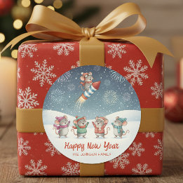 Cute Mice Happy New Year Fireworks Ronde Sticker