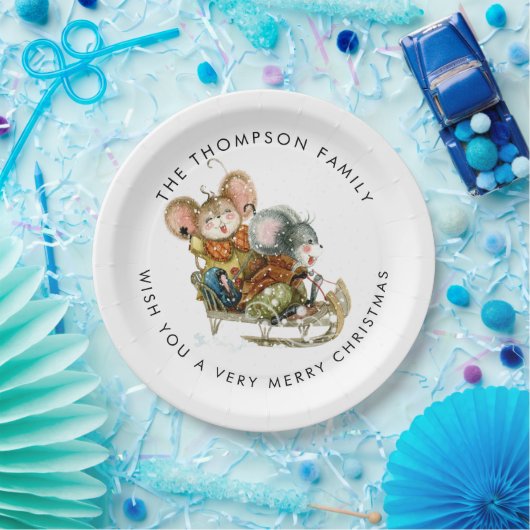 Cute Mice Sleigh Merry Kerstry Papieren Bordje (Feest)