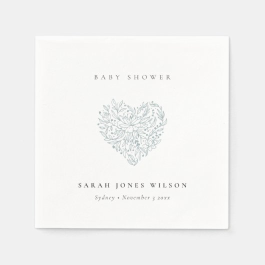 Cute Minimal Dusky Blue Floral Heart Baby shower Servet (Voorkant)