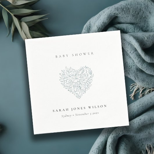 Cute Minimal Dusky Blue Floral Heart Baby shower Servet