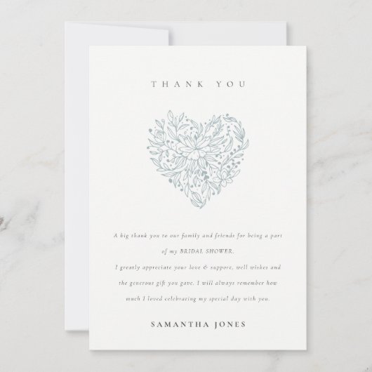 Cute Minimal Dusky Blue Floral Heart Vrijgezellenf Bedankkaart (Voorkant)