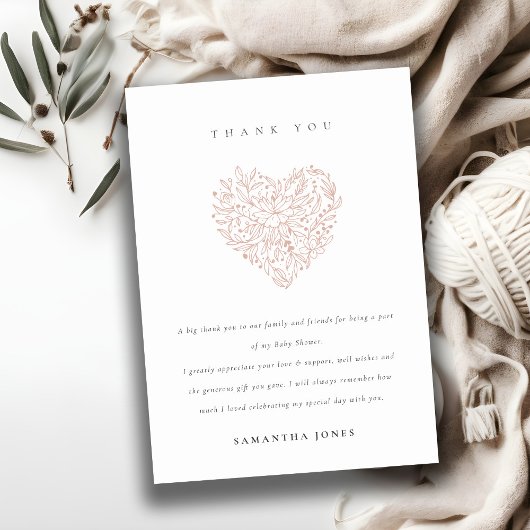 Cute Minimal Dusky Blush Floral Heart Baby shower Bedankkaart