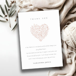 Cute Minimal Dusky Blush Floral Heart Baby shower Bedankkaart