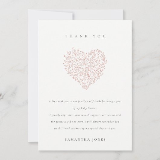 Cute Minimal Dusky Blush Floral Heart Baby shower Bedankkaart (Voorkant)