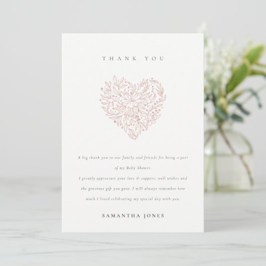 Cute Minimal Dusky Blush Floral Heart Baby shower Bedankkaart (Staand voorkant)